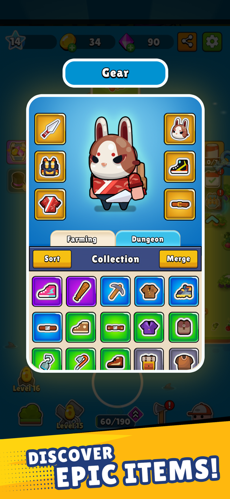 Pocket Land gear and inventory screen showing character customization and epic items collection.