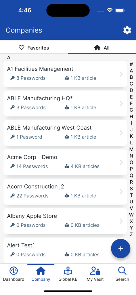 Hudu Mobile - Screenshot of the Hudu Mobile app showing a list of managed companies with their respective password and documentation counts