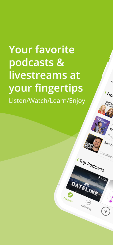 Podbean mobile app display showing popular podcasts like Dateline and Office Ladies