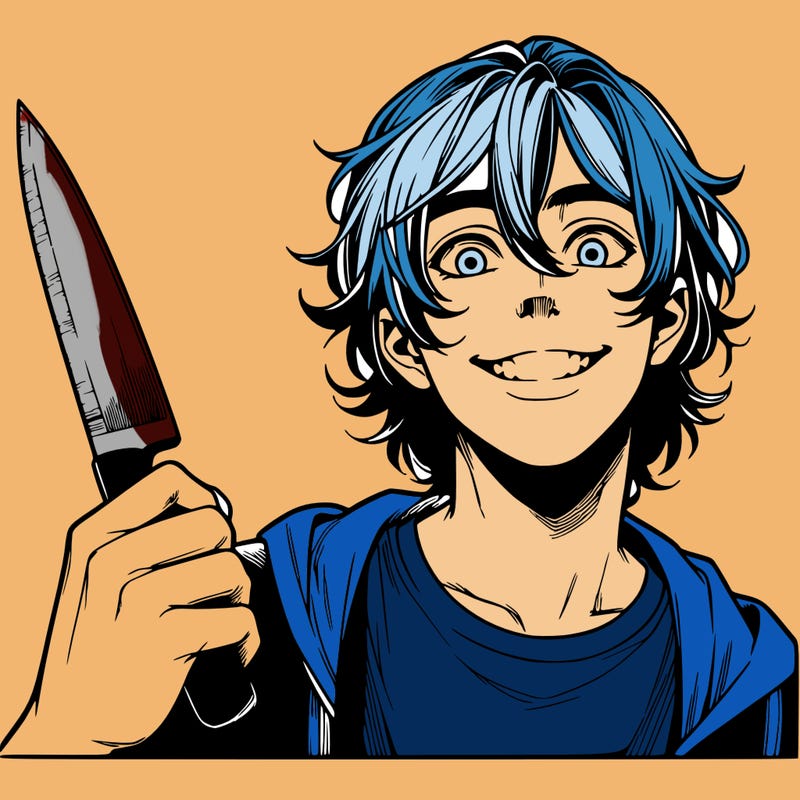teenage realistic guy with long ish hair holding a knife and has a big grin
