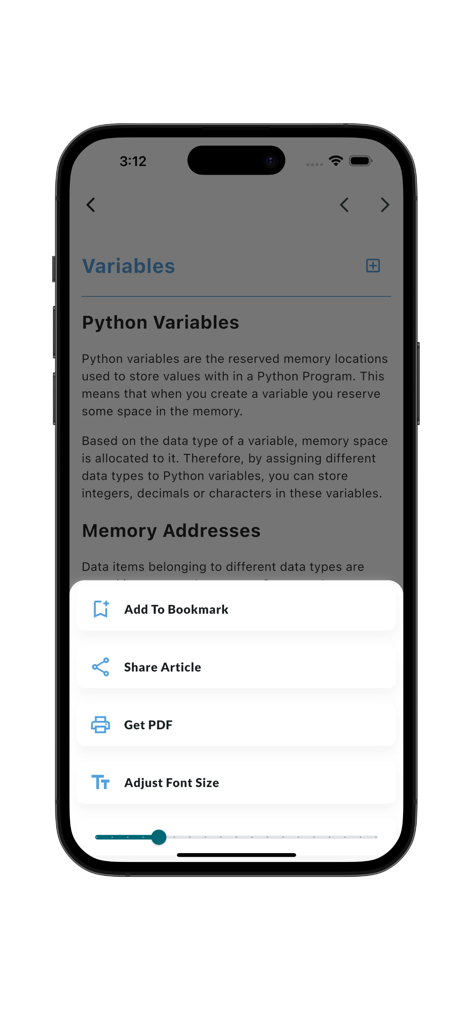 A lesson screen in the Learn Python 3 Programming app showing an explanation of variables with a menu to bookmark share or get a PDF