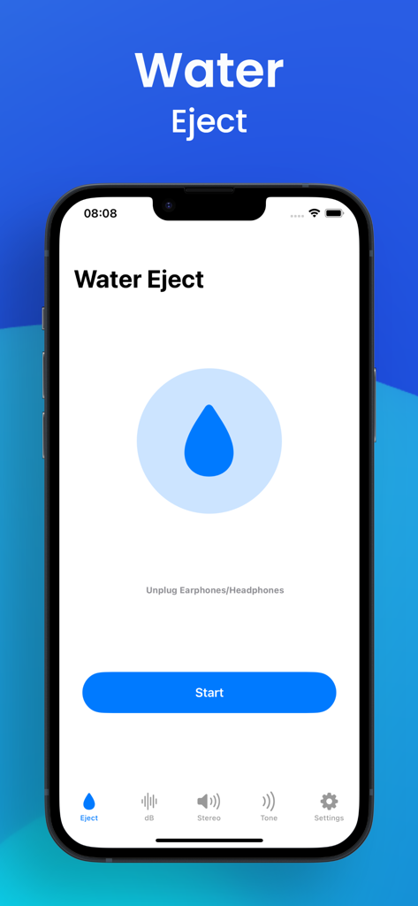 Clear Wave - Sonic Water Eject - The main screen of the Clear Wave app featuring a water drop icon and a blue start button for sonic water ejection.