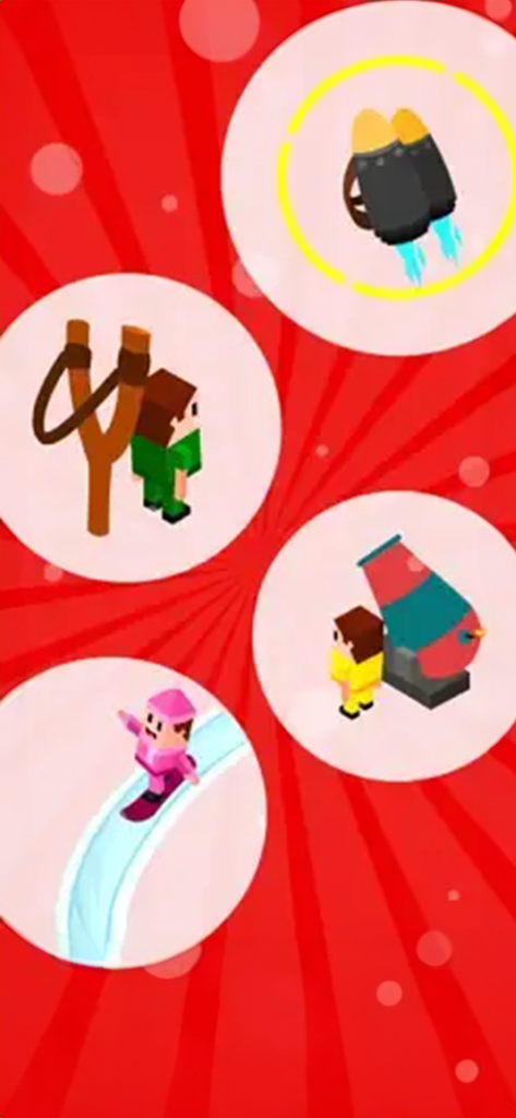 Snakes and Ladders Multiplayer - Personagens voxel 3D coloridos e ícones de power-up, incluindo um jetpack e canhão para o jogo Cobras e Escadas.