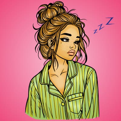 realistic woman with pajamas on and a messy bun