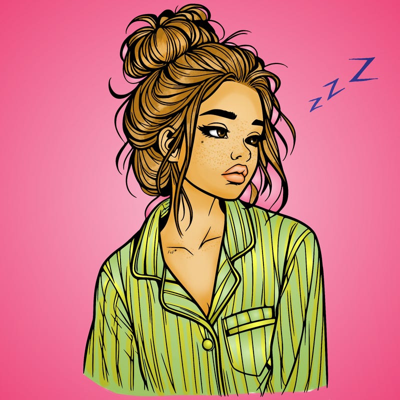 realistic woman with pajamas on and a messy bun