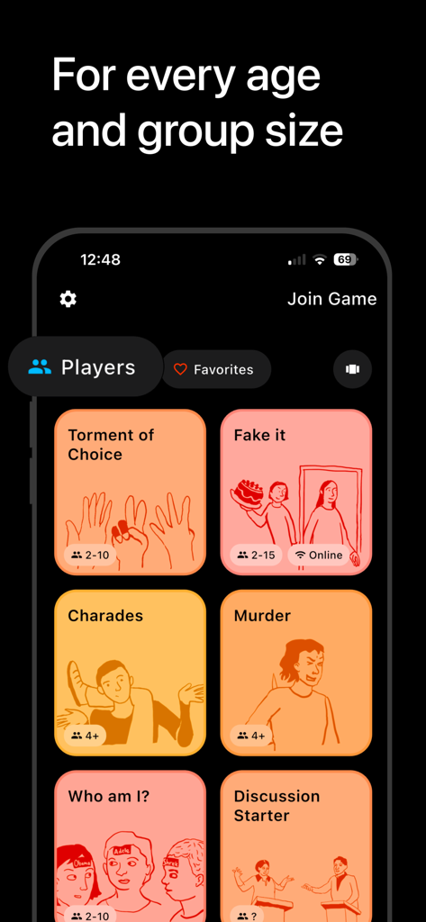 The Social Gamebox Family app interface showing a library of social games like Charades and Murder for different group sizes.
