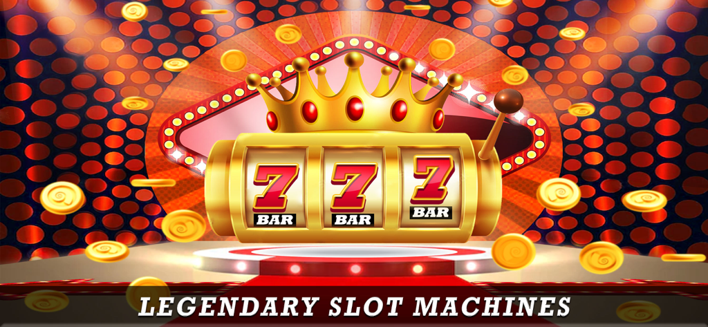 777 Slot Machine Casino Games - 왕관과 날아다니는 금화가 있는 황금 777 슬롯머신이 무대 위에 있습니다.