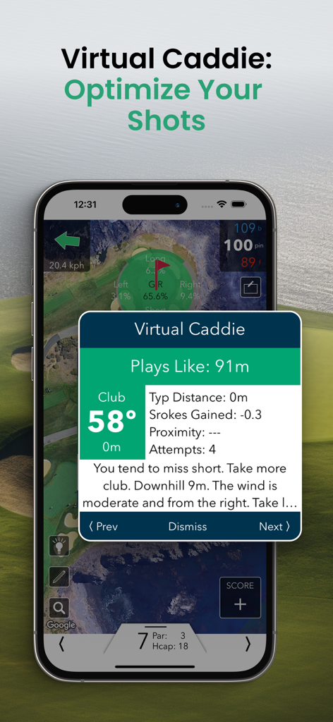 Roundabout - Golf GPS Tracker - Roundabout app Virtual Caddie interface showing golf club recommendations and shot optimization advice