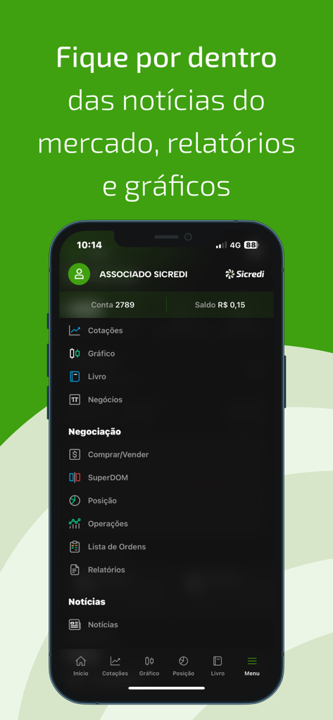 Home Broker Sicredi - Interface de l'application Home Broker Sicredi montrant les options du menu de trading et d'actualités du marché.
