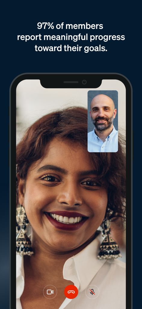 A video call between a professional coach and a user on the BetterUp mobile app featuring a success statistic.