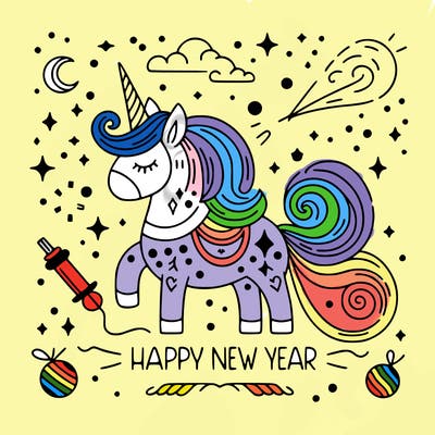 happy new year illustration calligraphic style outline; thin lines; light colors