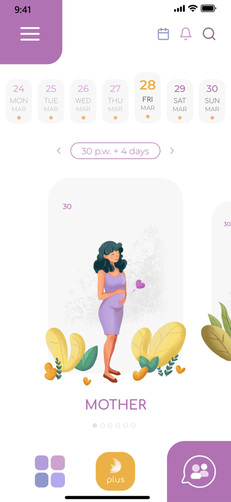 GAIA Pregnancy & Parenting - GAIA pregnancy app interface showing the 30 week progress of an expectant mother with a calendar and floral illustrations
