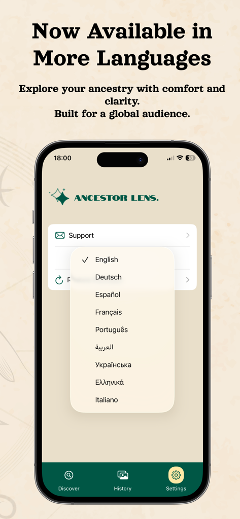 Interface de l'application Ancestor Lens montrant un menu de sélection de langue avec diverses options de langue mondiale.