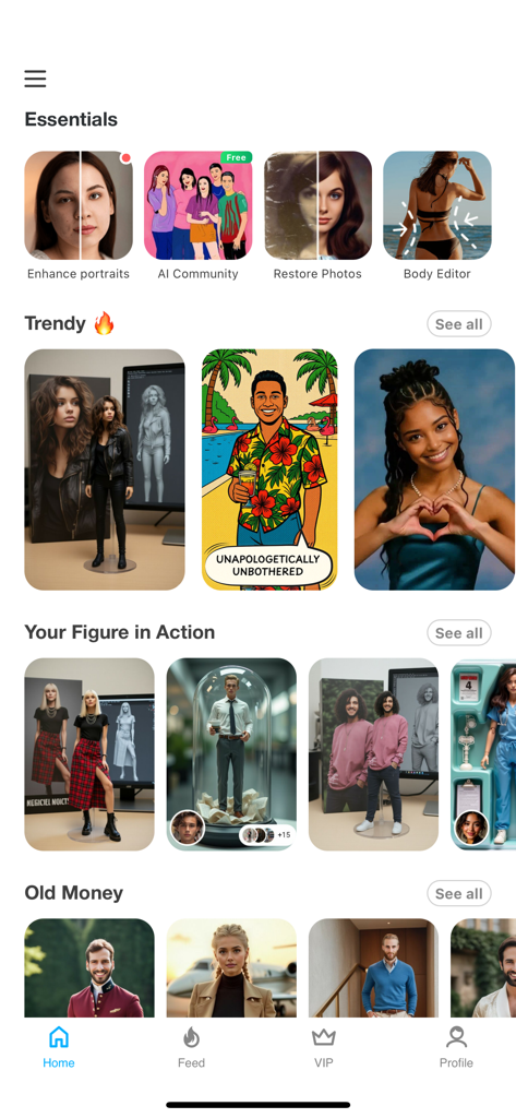 Photo Lab app home screen displaying AI filters, portrait enhancements, and creative photo effects