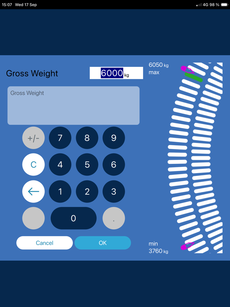 H160 Flight Perfo - Gross Weight data entry screen with numeric keypad and weight limits in kilograms