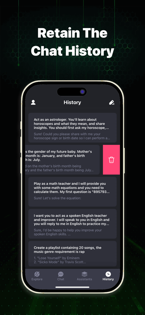 AI Chatbot - Chat Companion - Écran de l'application mobile Chatbot IA affichant une liste de sessions de discussion enregistrées