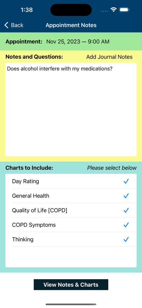 Interfaz de la aplicación COPD Manager que muestra notas de citas con una pregunta sobre medicación y opciones para incluir gráficos de salud para consultas médicas.