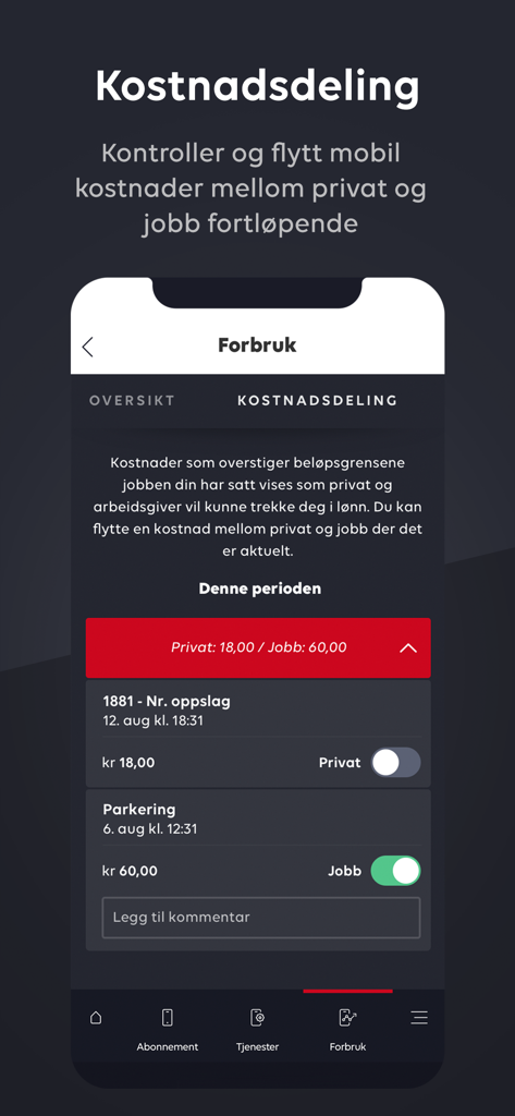 Ditt Phonero app interface showing mobile expense splitting between personal and work accounts