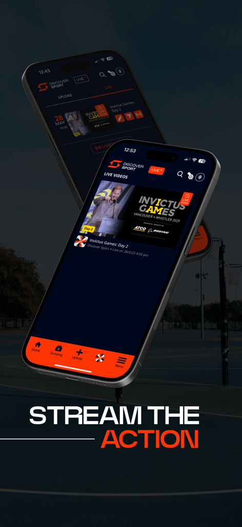 Discover Sport - The Discover Sport mobile app interface displaying a live stream of the Invictus Games with a Stream The Action caption