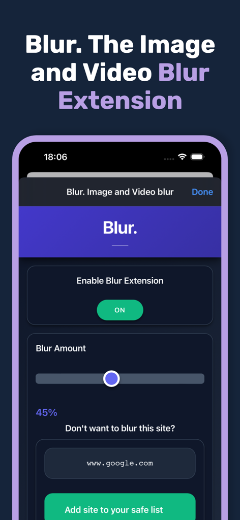 Blur. Image Video Blur - Screenshot of the Blur app interface showing the extension toggle and blur amount slider