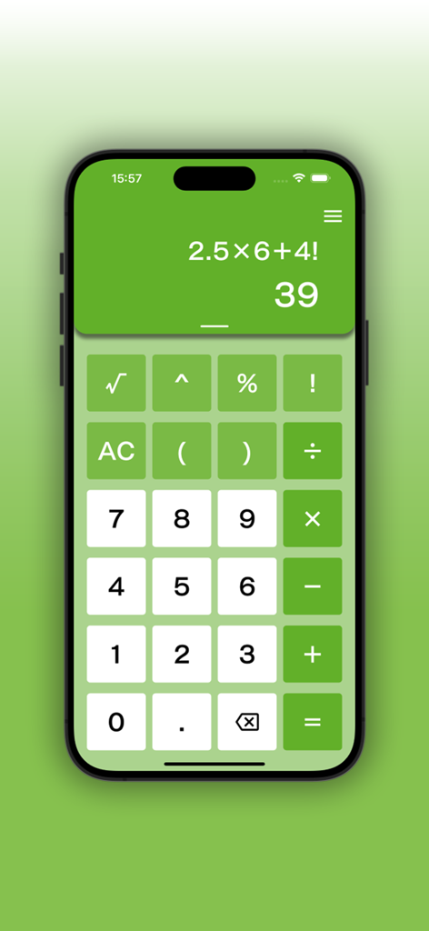 Simple Calculator for iOS - Interfaz minimalista verde de la aplicación Calculadora Simple para iOS que muestra un cálculo matemático en la pantalla de un iPhone