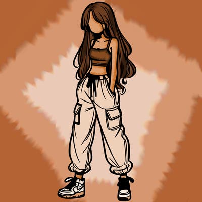 girl in baggy pants crop top and long hair