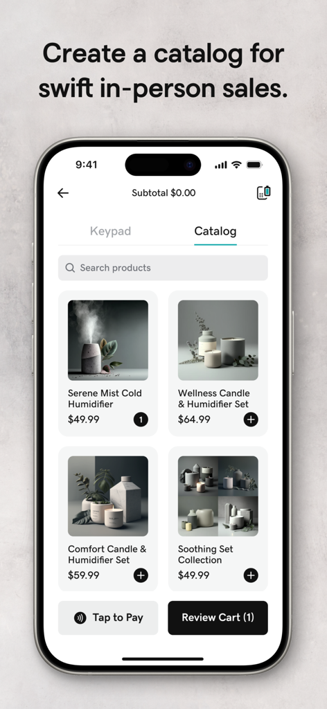 App GoDaddy Commerce che mostra un catalogo prodotti con articoli come umidificatori e candele per vendite mobili su iPhone.