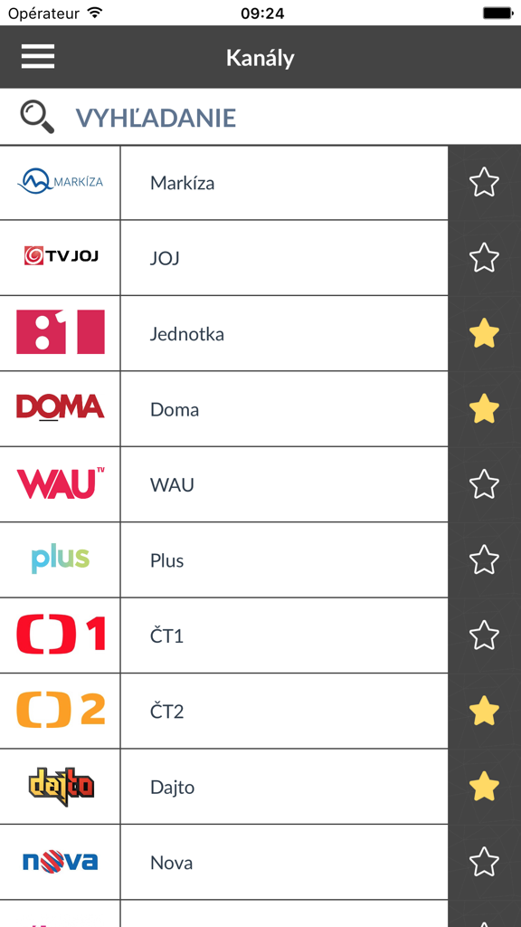 Slovakian television channel selection screen in the TV Program Slovensko app