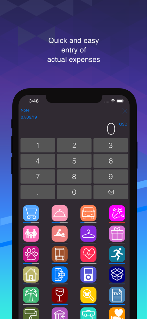 Smart Finance & Budget - Manual expense entry interface featuring a numeric keypad and colorful budget category icons.