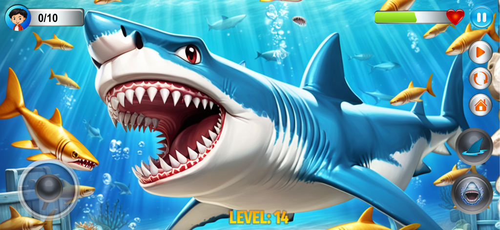 Angry Shark Simulator Games 3d - Angry Shark Simulator 3D gameplay showing a blue shark with open jaws underwater