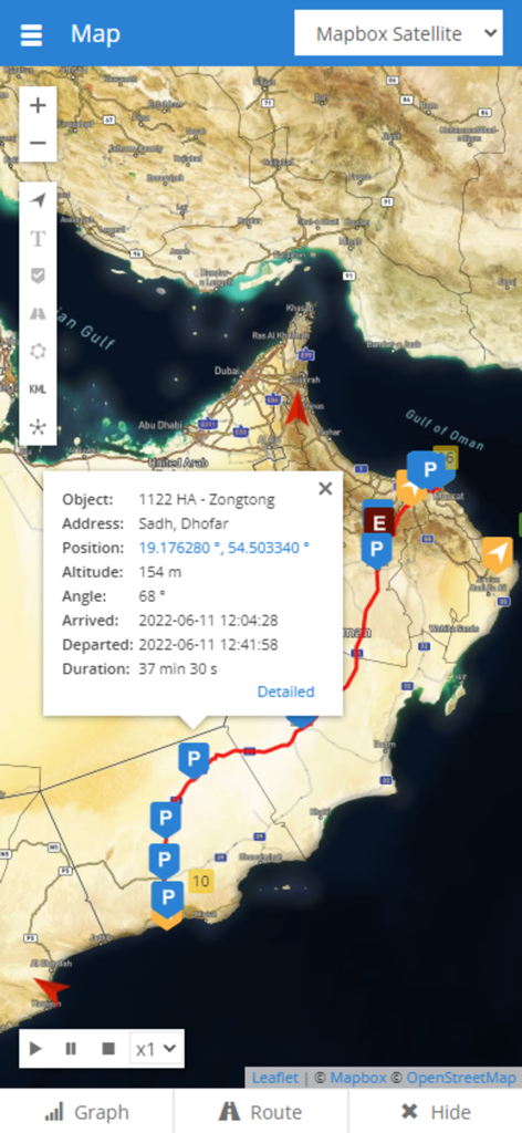 Live GPS tracking interface showing vehicle route and detailed location data on a satellite map.