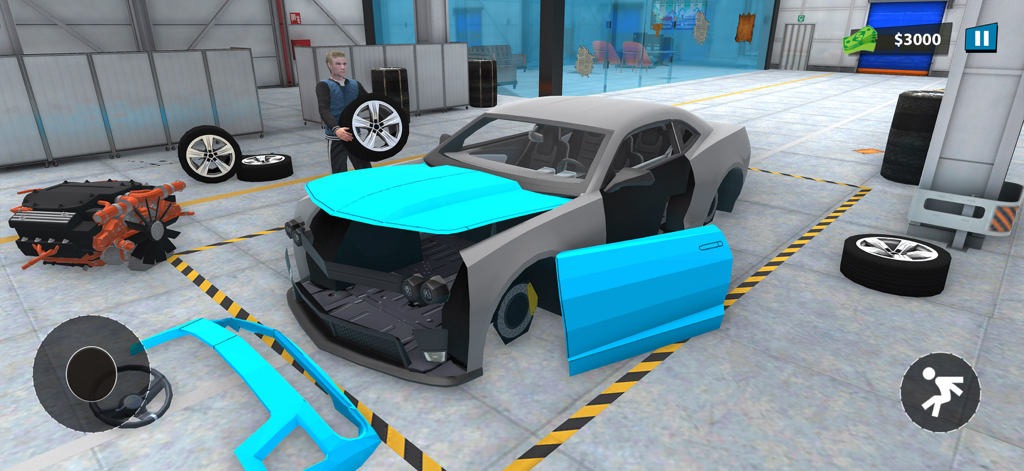 Car Building Company Games - Gameplay showing a character assembling a custom sports car in a garage workshop with engine and tire parts.