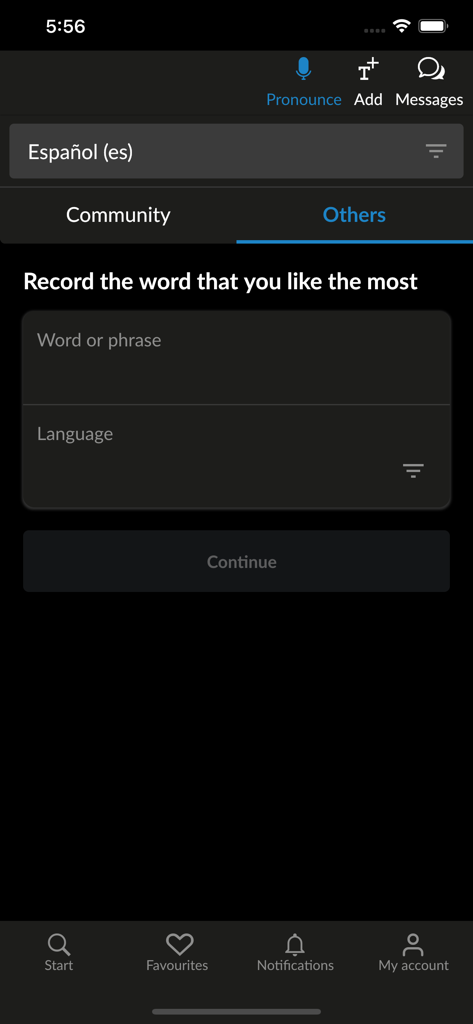 Forvo app interface showing the record a word or phrase feature for native speaker contributions.