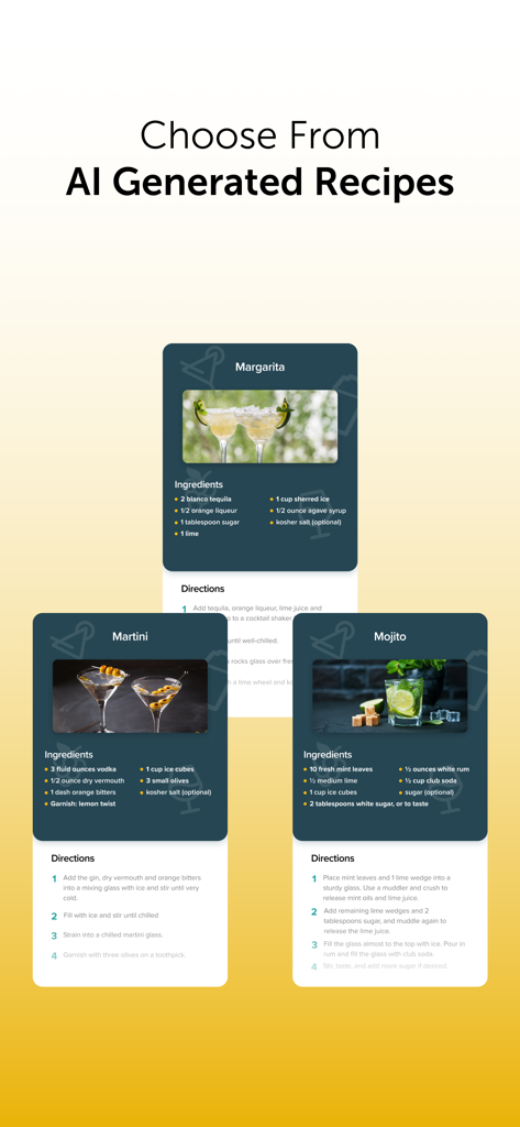 Mixology - Bartender App - Ricette di cocktail generate dall'IA per Margarita, Martini e Mojito nell'app Mixology