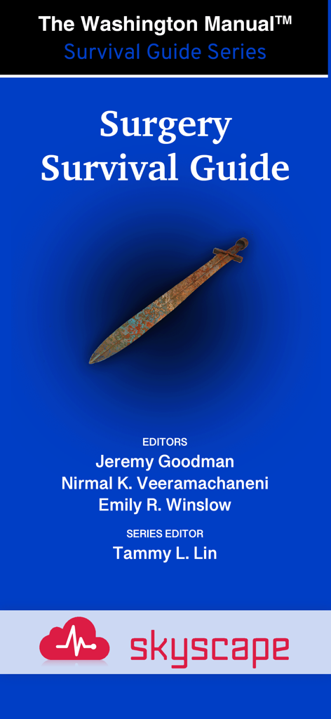Washington Manual - Surgery - La pantalla de título de la aplicación Washington Manual Surgery Survival Guide con nombres de editores y un gráfico de espada.