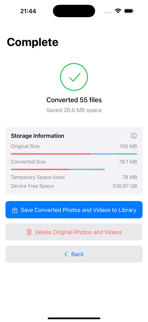 HEIF & HEVC Converter - A summary screen showing successful conversion of 55 files and the total storage space saved