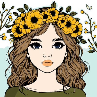 beautiful realistic girl with freckles and a flower crown
