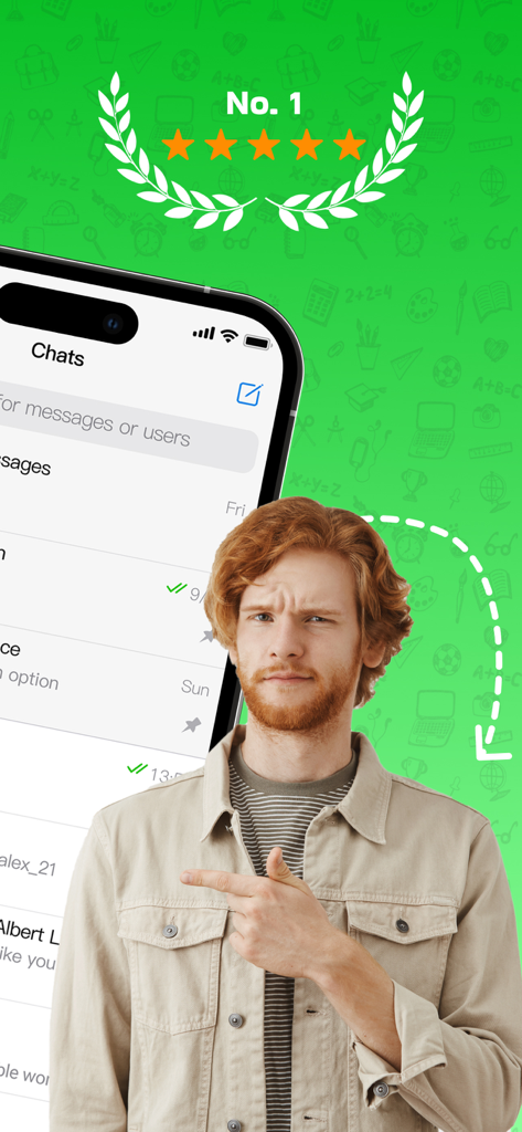 A man pointing at the chat interface of the top rated Dual Messenger app