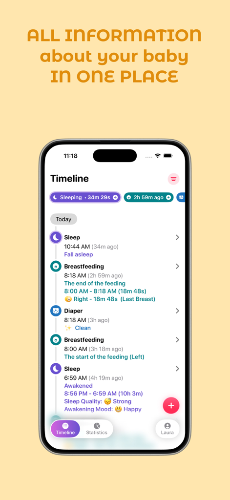 Baby Tracker - Newborn Diary - Newborn diary timeline displaying sleep breastfeeding and diaper logs