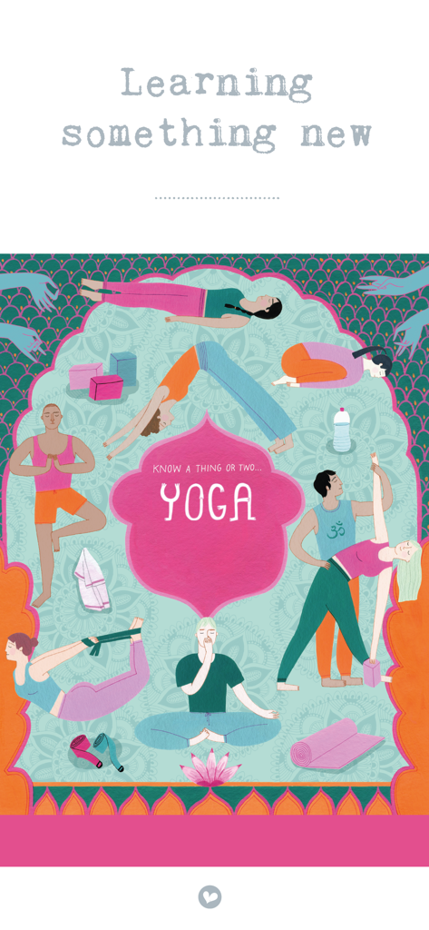The Simple Things Magazine - Colorful illustration of people practicing various yoga poses in a lifestyle magazine article about learning something new