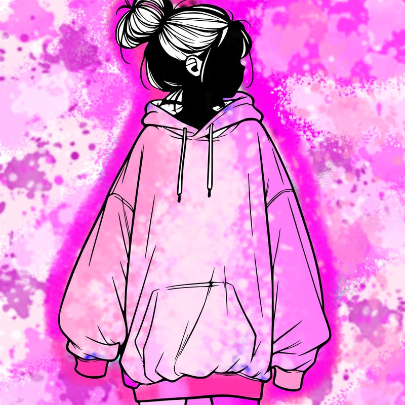 realistic girl with a oversized sweatshirt on and a bun