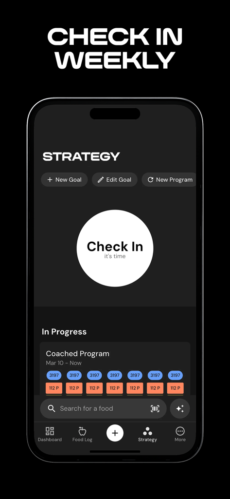 MacroFactor app strategy screen featuring a weekly check-in prompt and coached program progress.