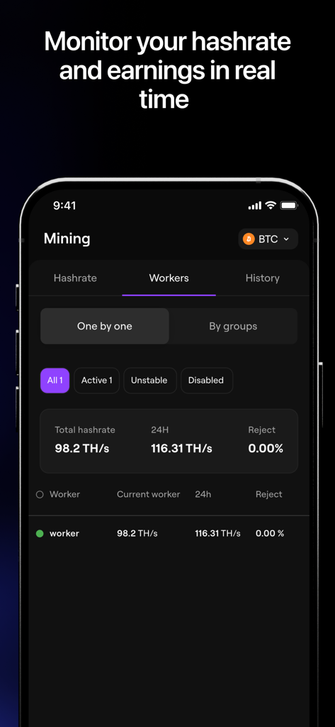 EMCD: Bitcoin & Crypto Mining - Dashboard of EMCD app displaying real-time crypto mining worker hashrates and performance