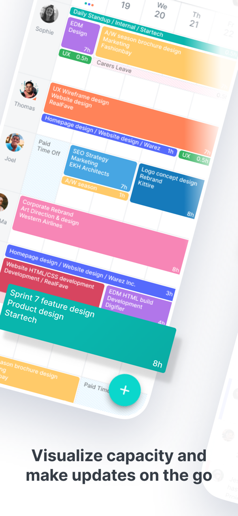 Die Float App Benutzeroberfläche zeigt einen farbcodierten Teamzeitplan mit Projekt-Aufgabenblöcken und Ressourcenkapazität an