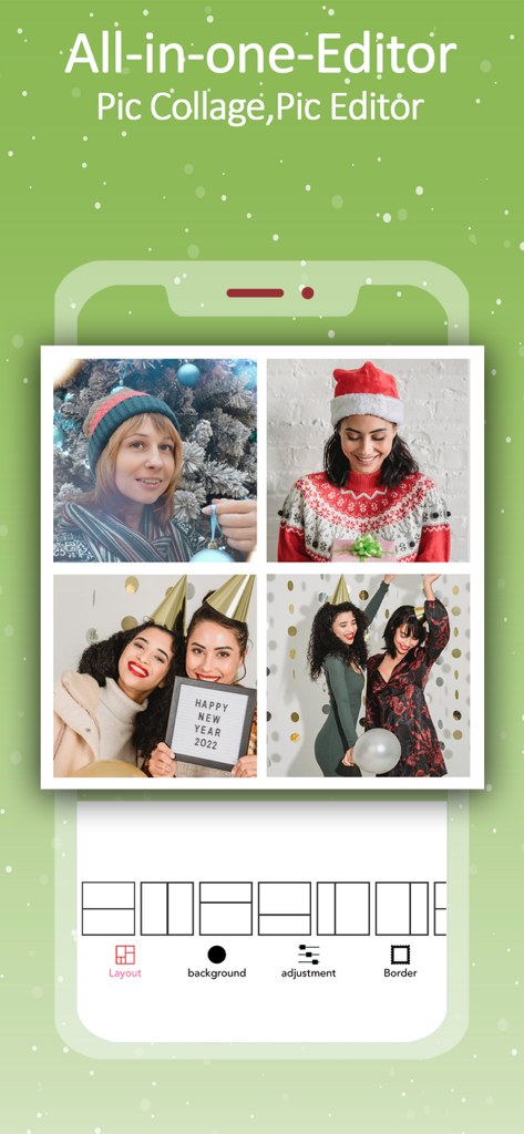 Photo Collage Maker & layout - Interfaz de la aplicación Photo Collage Maker mostrando opciones de diseño y una cuadrícula de fotos festiva de vacaciones