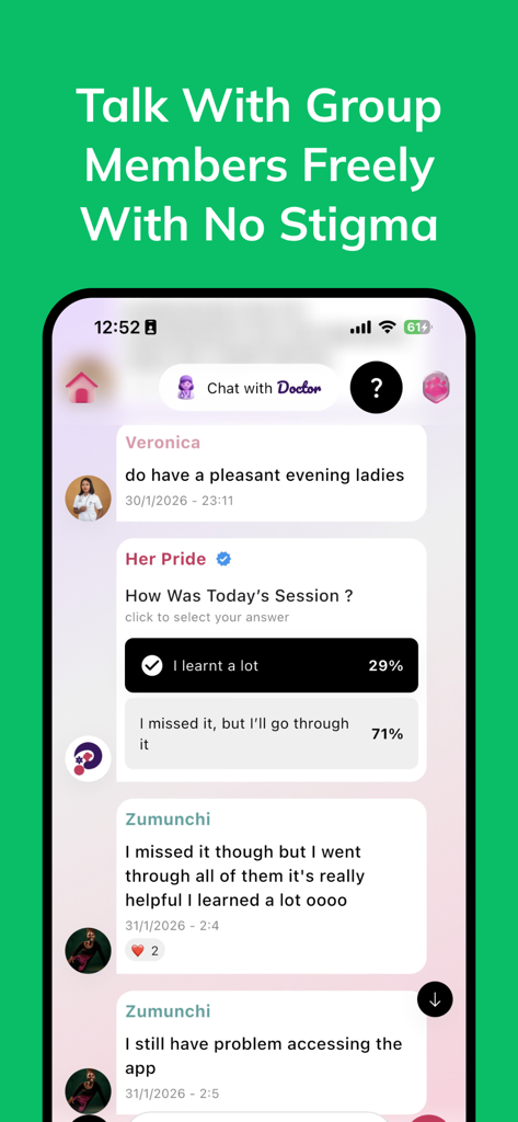 Her Pride - Her Pride app interface displaying a stigma-free community group chat and medical consultation option