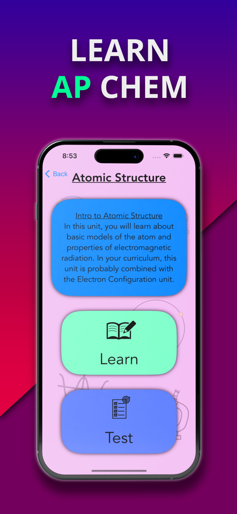 Chemistutor - Chemistutor app interface showing the Atomic Structure unit with options to learn and test.