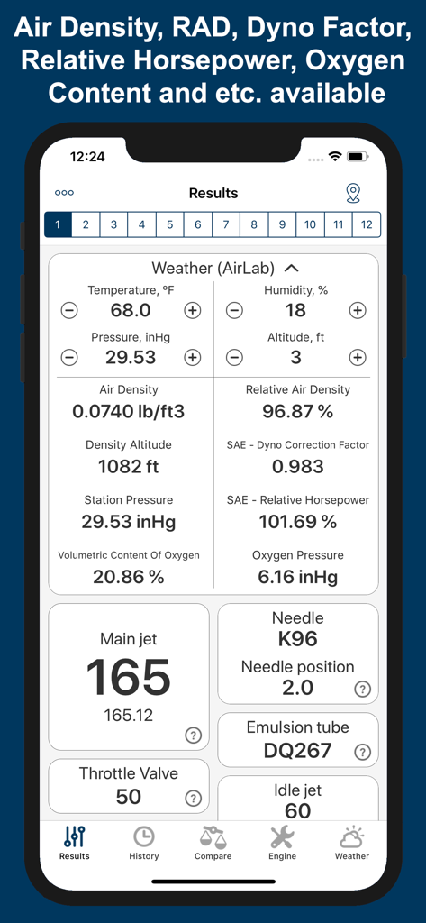 Jetting IAME KZ1 / KZ2 Kart - Tela de resultados do aplicativo Jetting IAME KZ1 KZ2 Kart mostrando parâmetros de ajuste do motor e dados de densidade do ar