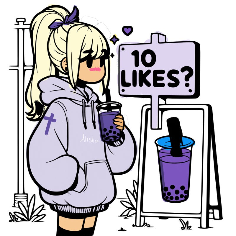 girl with oversized hoodie drinking boba and she has a high ponytail with a sign that says 10likes?