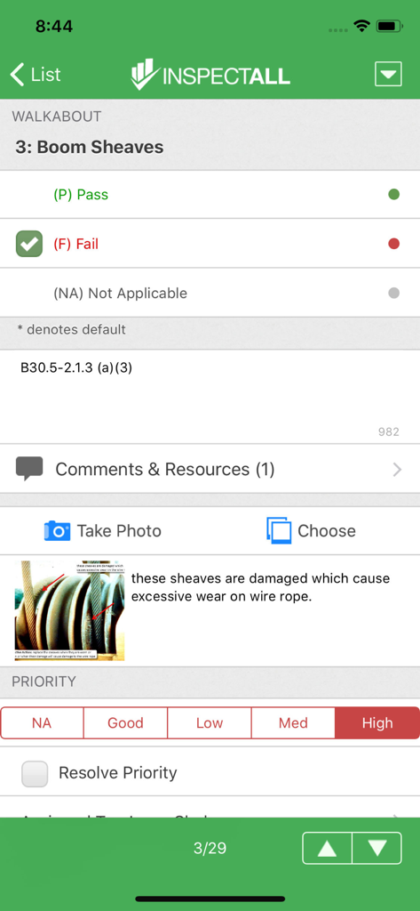 InspectAll - InspectAll mobile app interface showing a failed safety inspection for boom sheaves with a photo of damage and high priority status.
